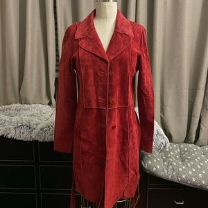 Vintage 90s Arden B Red Leather Button Trench Coat with tie belt detail Size M